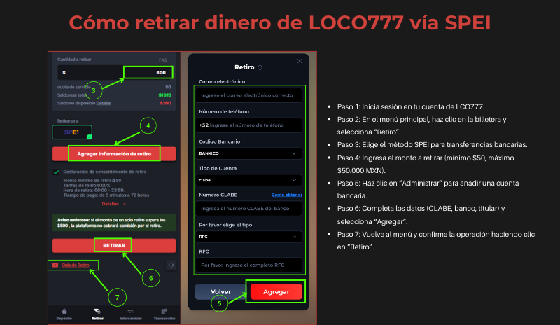 Cómo Hacer Depósitos y Retiros en LOCO777 Paso a Paso 1 Cómo retirar dinero de LOCO777 vía SPEI